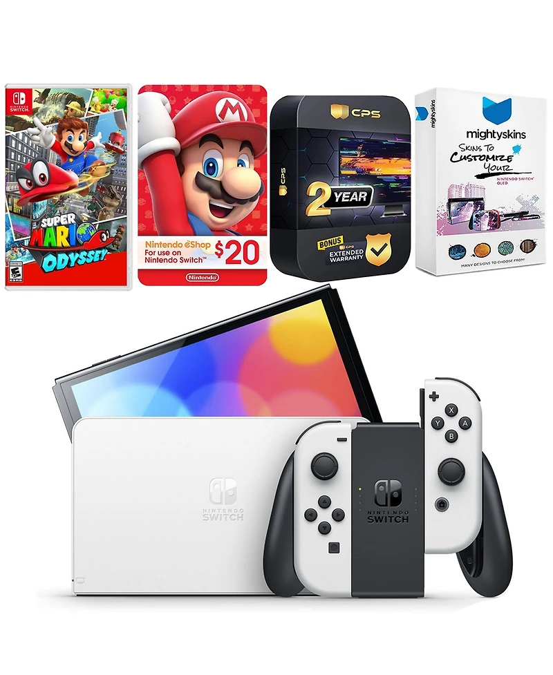 Nintendo Switch White Oled Console with Super Mario Odyssey, Nintendo $20 eShop Gift Card, MightySkins Console and Controller Skin Voucher, and 2 Year