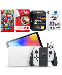 Nintendo Switch White Oled Console with Super Mario Odyssey, Nintendo $20 eShop Gift Card, MightySkins Console and Controller Skin Voucher, and 2 Year