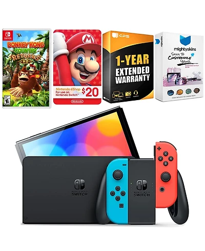 Nintendo Switch Neon Red & Blue Oled Console with Donkey Kong Country Returns Hd, Nintendo $20 eShop Gift Card