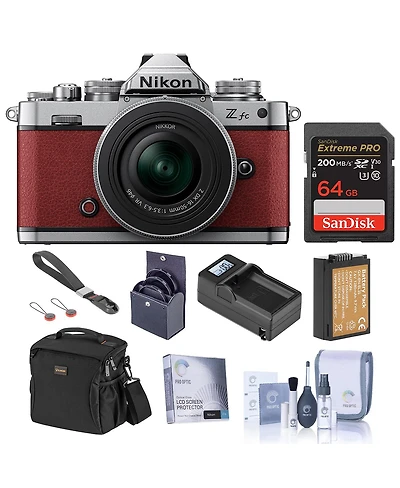 Nikon Z fc Dx-Format Mirrorless Camera, Crimson Red, with 16-50mm f/3.5-6.3 Vr Lens, Bundle with 64GB Memory Card, Bag, Extra Battery and 46mm Filter