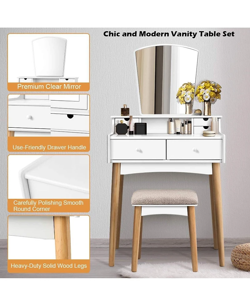 Vanity Desk Set with 3-Color Adjustable Led Lighted Mirror and Drawers