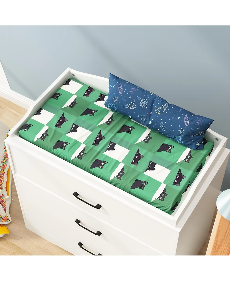 Multi-purpose changing table with three drawers, baby changing station with changing table top and drawers, white wood
