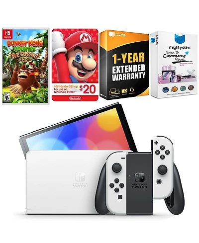 Nintendo Switch White Oled Console with Donkey Kong Country Returns Hd, Nintendo $20 eShop Gift Card, MightySkins Console and Controller Skin Voucher