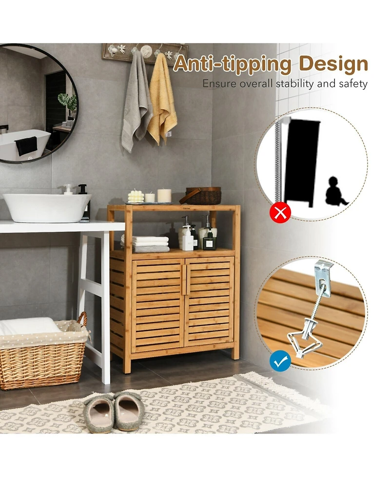Bamboo Floor Cabinet, Bathroom Storage Cabinet with Double Slatted Doors, Open Shelf, Removable Shelf, Storage Organizer for Bathroom Doorway Living R