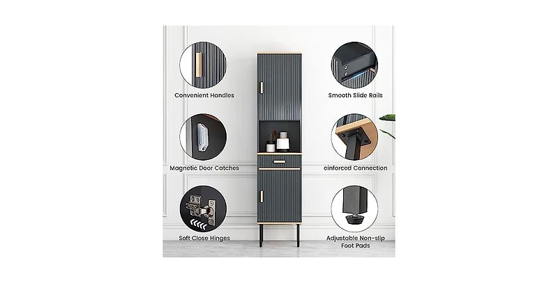 Free-Standing Bathroom Cabinet Narrow Linen with Doors and Drawer