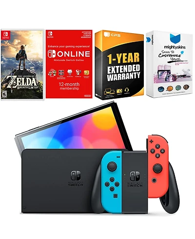 Nintendo Switch Neon Red & Blue Oled Console with Legend of Zelda Breath of the Wild, Nso 12 Month Family Membership, MightySkins Console and Controll
