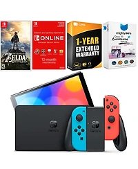 Nintendo Switch Neon Red & Blue Oled Console with Legend of Zelda Breath of the Wild, Nso 12 Month Family Membership, MightySkins Console and Controll