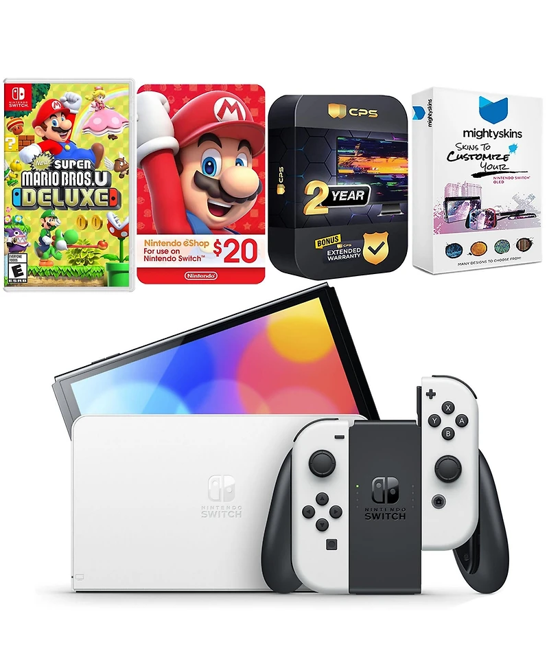 Nintendo Switch White Oled Console with New Super Mario Bros. U Deluxe, Nintendo $20 eShop Gift Card, MightySkins Console and Controller Skin Voucher,