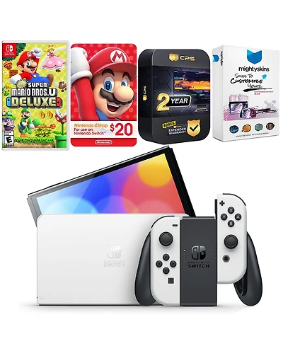 Nintendo Switch White Oled Console with New Super Mario Bros. U Deluxe, Nintendo $20 eShop Gift Card, MightySkins Console and Controller Skin Voucher,