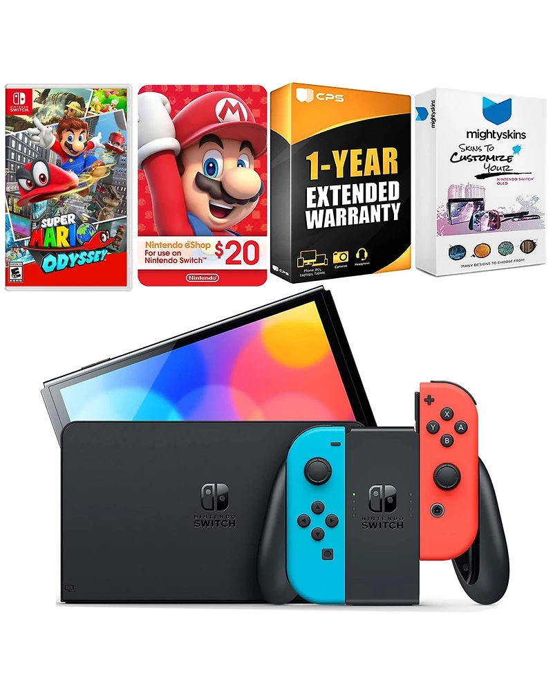 Nintendo Switch Neon Red & Blue Oled Console with Super Mario Odyssey, Nintendo $20 eShop Gift Card, MightySkins Console and Controller Skin Voucher