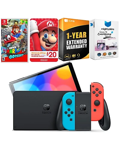 Nintendo Switch Neon Red & Blue Oled Console with Super Mario Odyssey, Nintendo $20 eShop Gift Card, MightySkins Console and Controller Skin Voucher