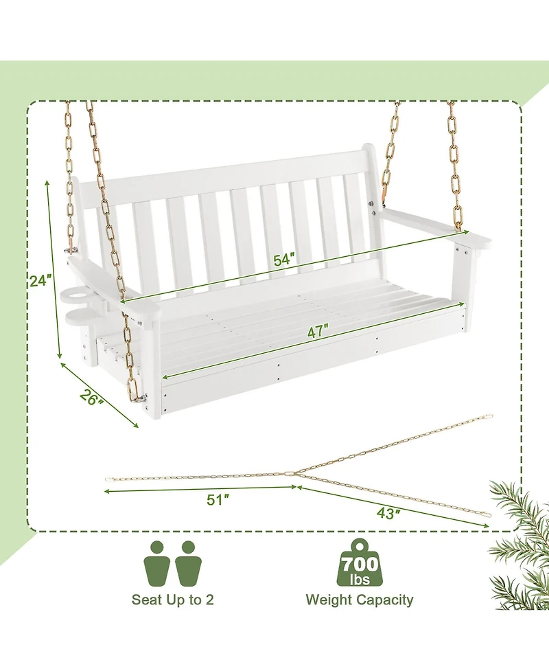 Gymax 54'' Hdpe Porch Swing Outdoor Patio Hanging Chair w/ Cup Holder Adjustable Chain