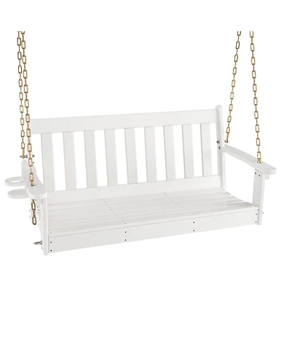 Gymax 54'' Hdpe Porch Swing Outdoor Patio Hanging Chair w/ Cup Holder Adjustable Chain