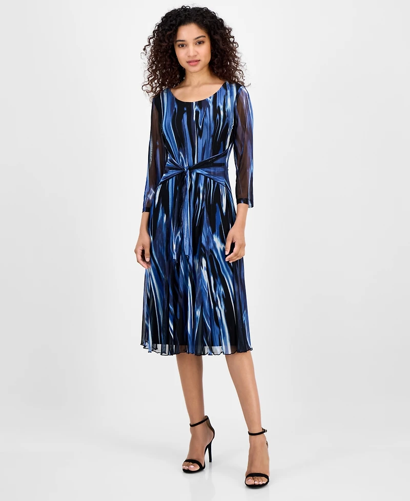 Connected Women's Printed Tie-Waist Mesh-Sleeve Dress