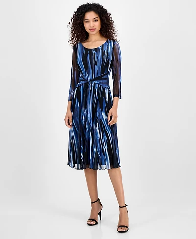 Connected Women's Printed Tie-Waist Mesh-Sleeve Dress