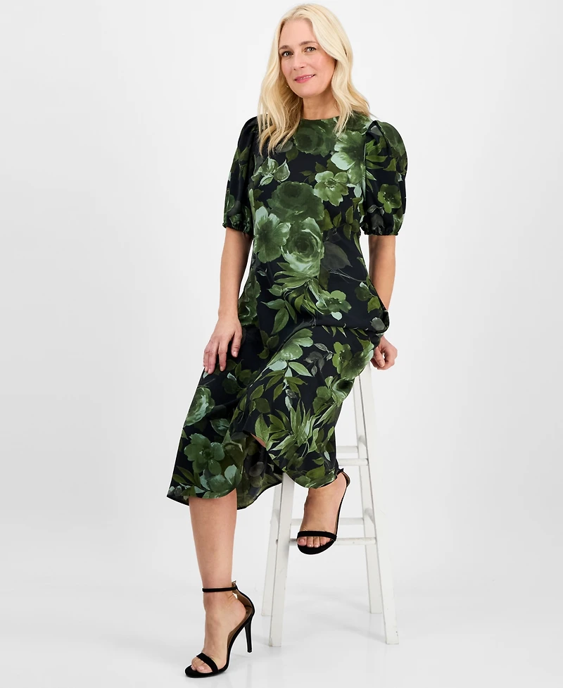 Connected Women's Woven Puff-Sleeve Round-Neck Midi Dress
