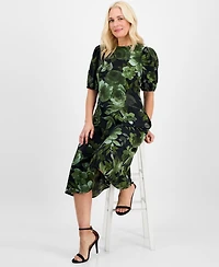 Connected Women's Woven Puff-Sleeve Round-Neck Midi Dress
