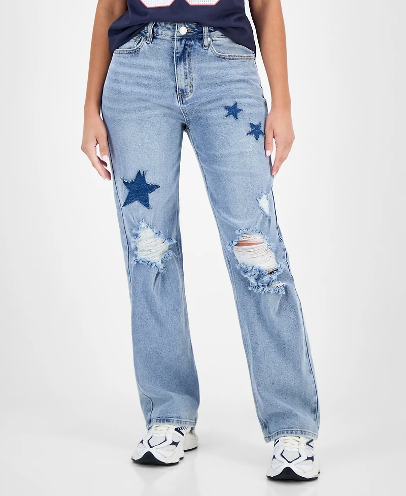 Madden Girl Juniors' High-Rise Star-Patch Straight-Leg Jeans