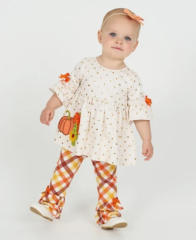Rare Editions Baby Girls 2-Piece Pumpkin Polka Dot Top and Plaid Pants Set