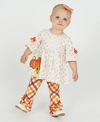 Rare Editions Baby Girls 2-Piece Pumpkin Polka Dot Top and Plaid Pants Set