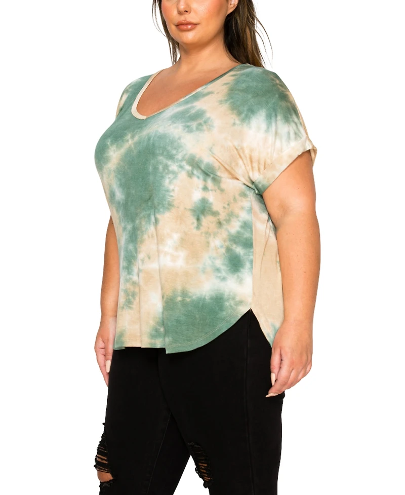 Coin 1804 Plus Size Tie Dye V-Neck Rolled Sleeve Dolman T-Shirt