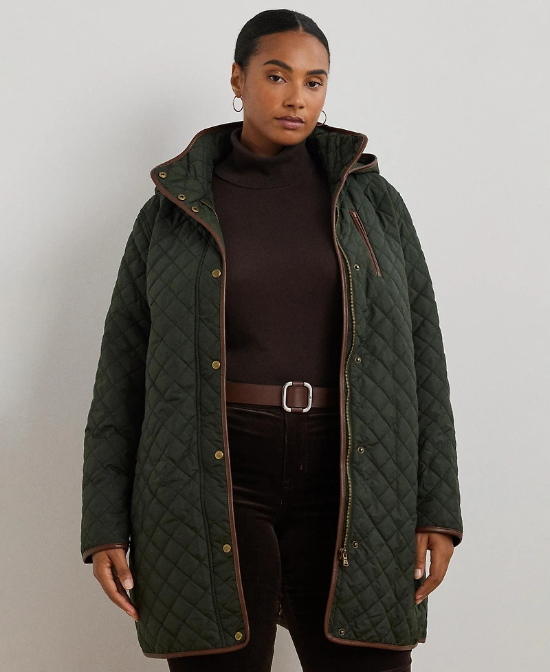 Lauren Ralph Plus Hooded Quilted Faux-Suede-Trim Coat
