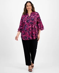 Kasper Plus Size Split-Neck Floral-Print Top