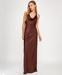 Seni & Cade Juniors' Satin Cowl-Neck Halter Gown