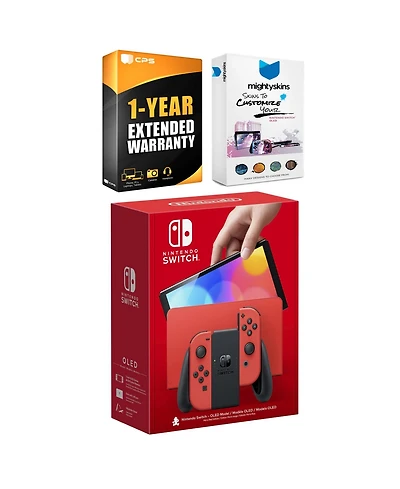 Nintendo Switch Oled Mario Red Edition with MightySkins Console and Controller Skin Voucher and Year Cps Extended Warranty