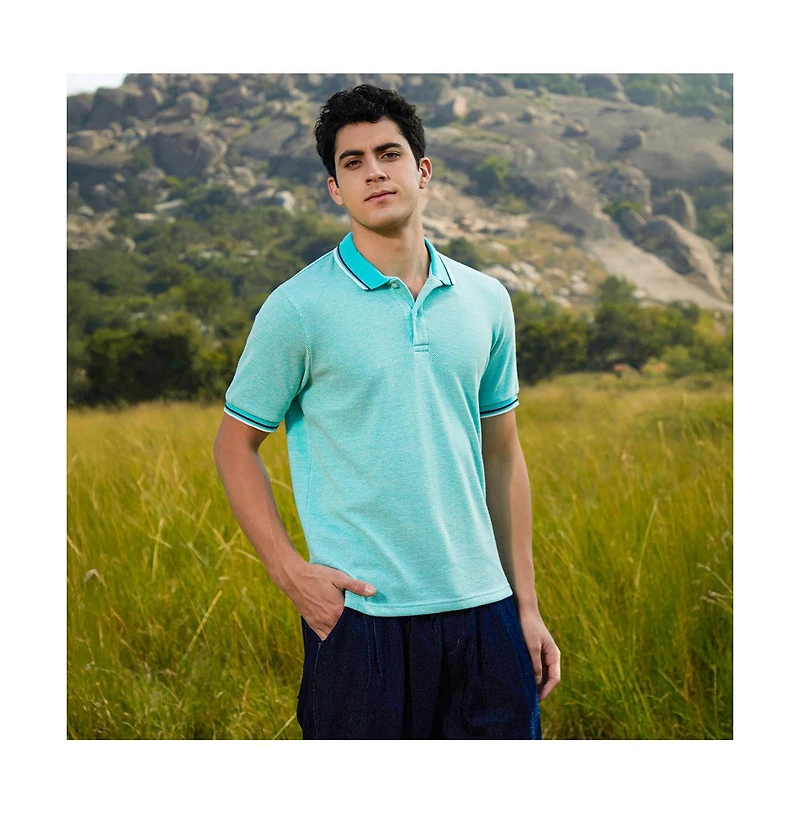 Campus Sutra Men's Aqua Blue Multitrack Knit Polo T-Shirt