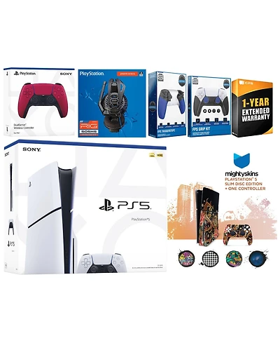 Sony Playstation 5 Slim Disc with Extra Volcanic Red Controller, Plantronics Headset, Trigger Stop Kit, Fps Grip Kit and MightySkins Decal Voucher + 1