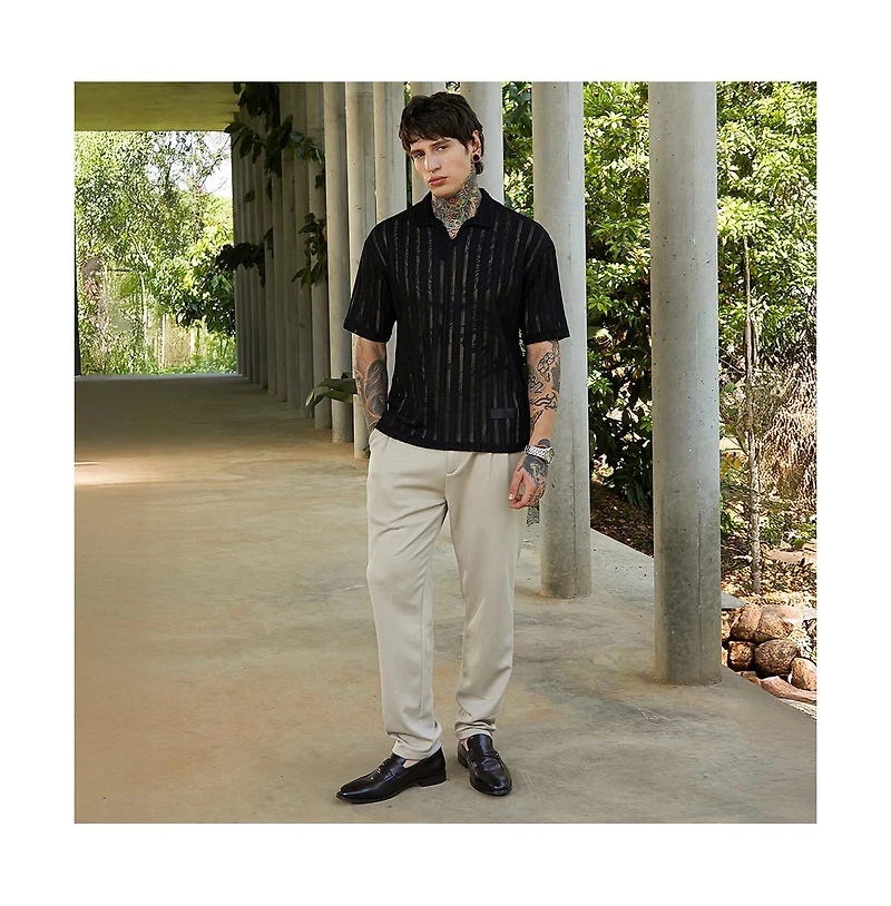 Campus Sutra Men's Onyx Black Duo-Striped Relaxed Polo T-Shirt