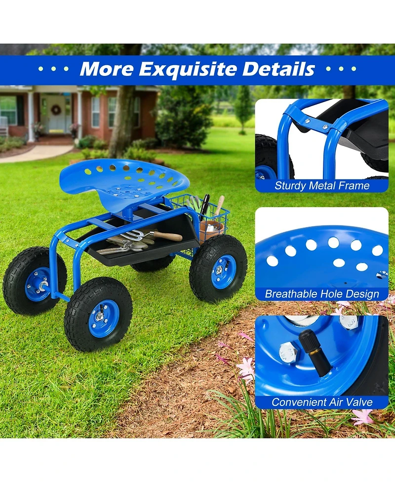 Garden Cart Rolling Work Seat With Heavy Duty Tool Tray Gardening Planting