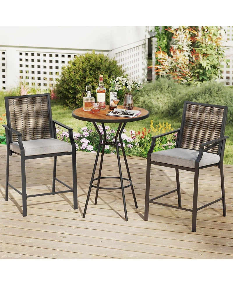 Patio Bar Stools Set of 2 Counter Height Rattan Bar Chairs with Armrest-Grey