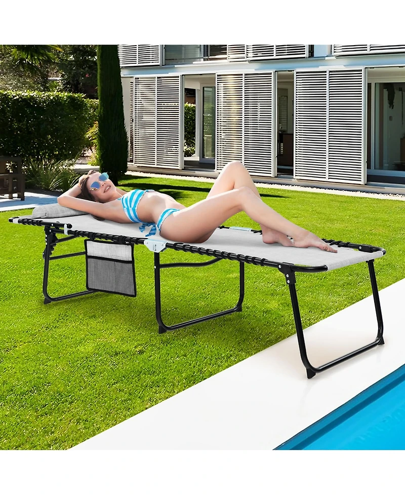 Gymax Folding Chaise Lounge Portable Lay Flat Reclining Chair w/ 4-Level Backrest Side Pocket