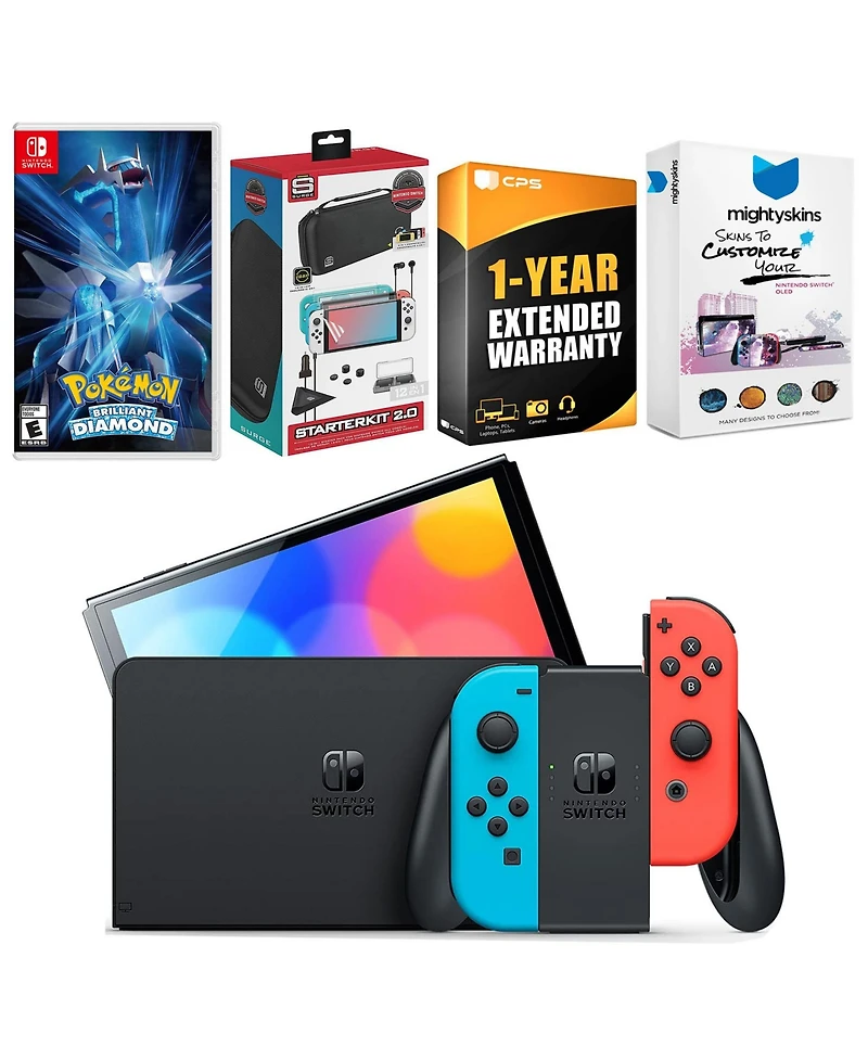 Nintendo Switch Neon Red & Blue Oled Console with Pokemon Brilliant Diamond Edition, Surge Accessory Gaming Kit