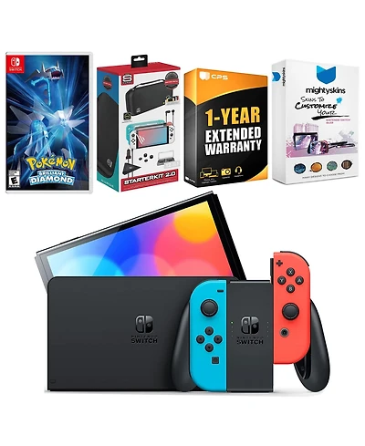 Nintendo Switch Neon Red & Blue Oled Console with Pokemon Brilliant Diamond Edition, Surge Accessory Gaming Kit
