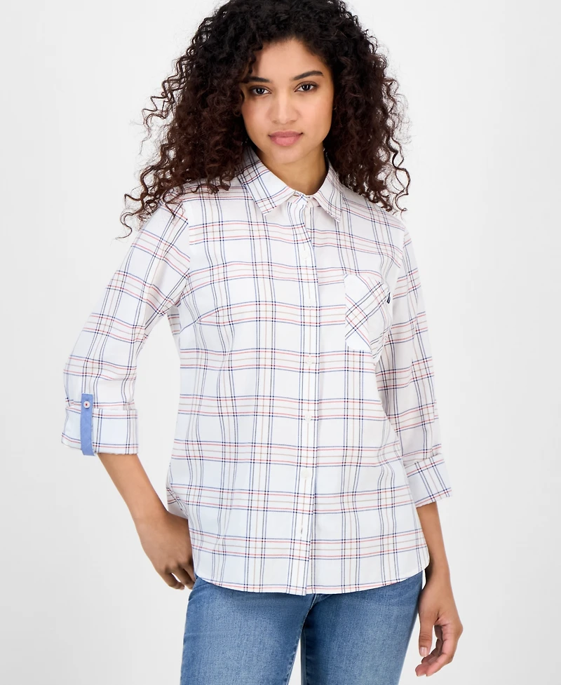 Nautica Jeans Women's Providence Plaid Cotton Roll-Tab-Sleeve Shirt
