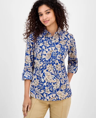Nautica Jeans Women's Cotton Paisley-Print Roll-Tab Shirt