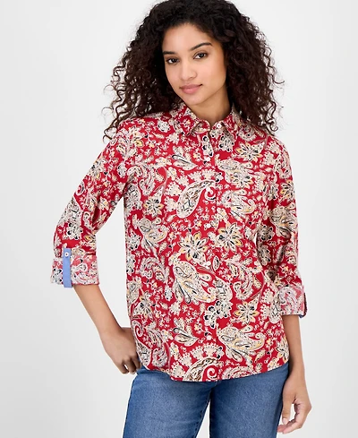 Nautica Jeans Women's Cotton Paisley-Print Roll-Tab Shirt