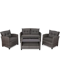 Gymax 4PC Rattan Patio Conversation Set Cushioned Outdoor Furniture Set