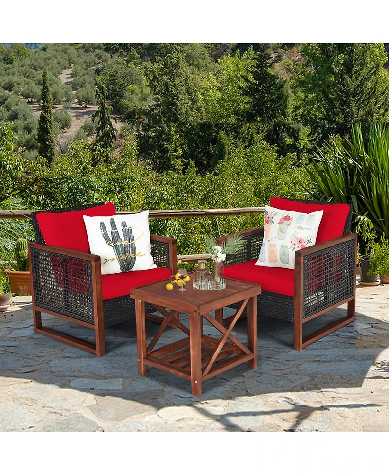 Gymax 3PCS Rattan Wicker Patio Conversation Set Outdoor Furniture Set w/ Red Cushion