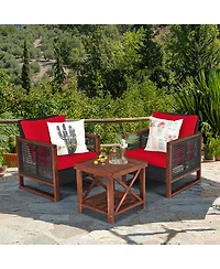 Gymax 3PCS Rattan Wicker Patio Conversation Set Outdoor Furniture Set w/ Red Cushion