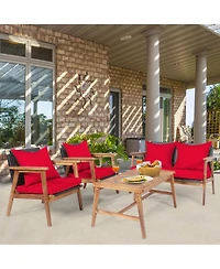 Gymax 4PCS Patio Conversation Set Wood Frame Furniture Set w/ Red Cushions