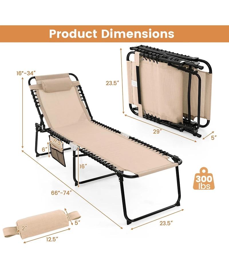 Gymax Patio Folding Chaise Lounge Portable Lay Flat Reclining Chair w/ 4-Level Backrest Side Pocket