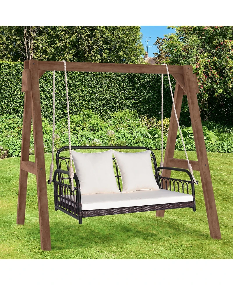 Gymax Wicker Porch Swing 2-Person Outdoor Patio Hanging Chair w/ Cushions