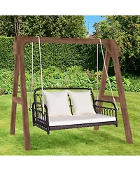Gymax Wicker Porch Swing 2-Person Outdoor Patio Hanging Chair w/ Cushions