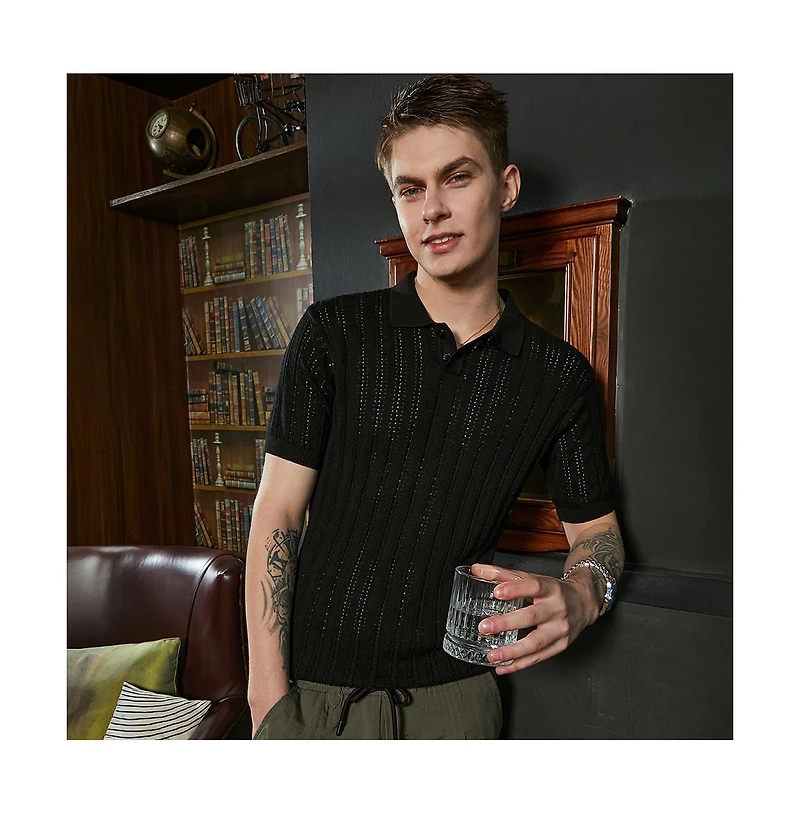 Campus Sutra Men's Obsidian Black Stripe-Textured Polo T-Shirt