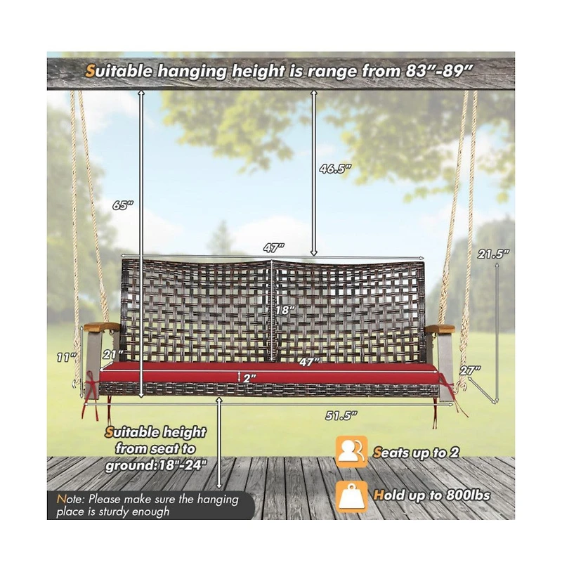 2-Person Rattan Hanging Porch Swing Chair