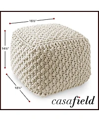 Casafield Square Pouf Ottoman, Navy Blue - 18.5" W x D 14.5" H Cotton Knit Foot Stool Boho Floor Pouffe for Living Room